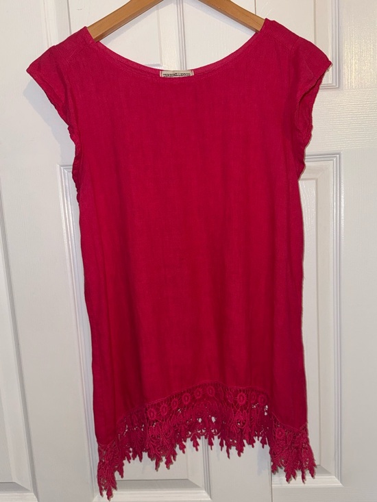 Terzo Millennio Tops - Italian Linen Top Pink Lace Hem Boho Tunic Made in Italy Small